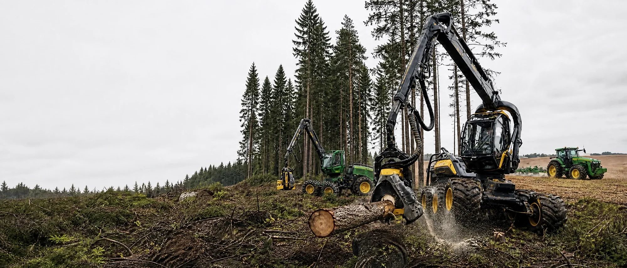 Харвестеры Ponsse и John Deere на лесосеке и трактор John Deere в поле — подбираем запчасти для лесной и сельхозтехники